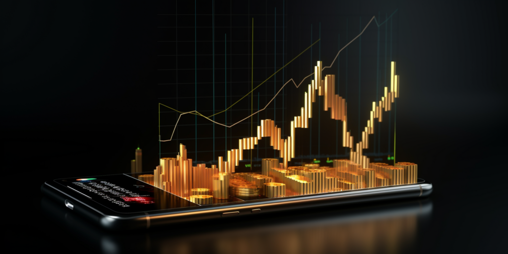 Is Gold Good for Trading? A mobile phone with a 3D of gold trading market chart.